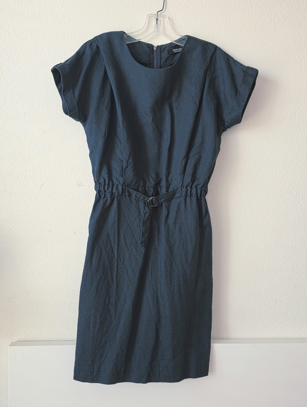Korean SHOW CASE Linen Dress Small Navy Blue Belted Waist Zip Back